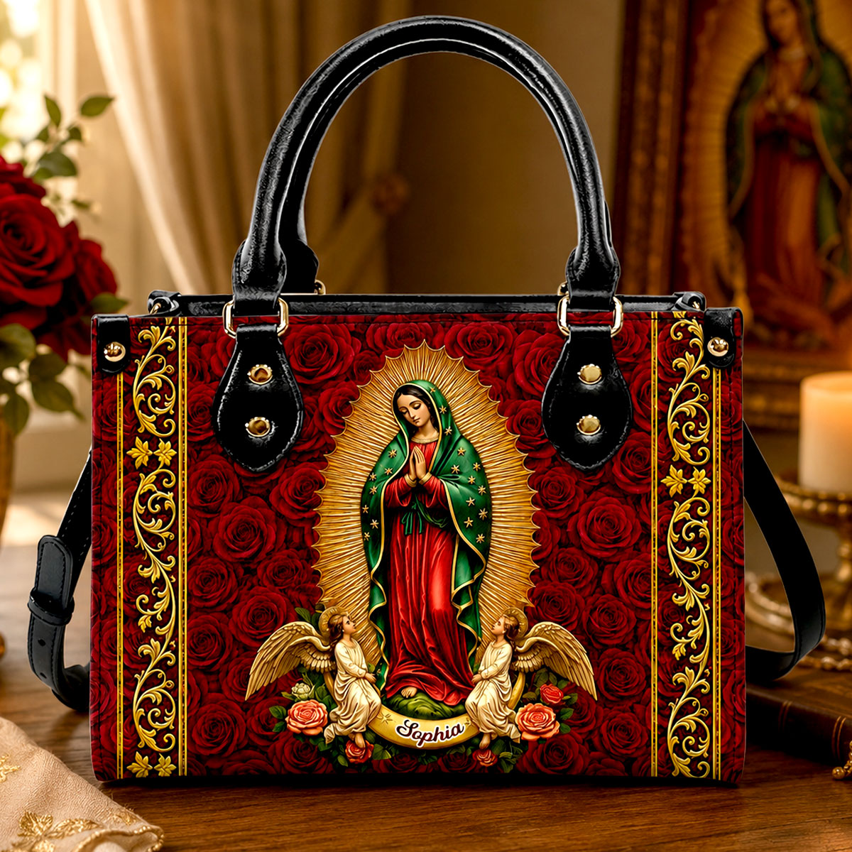 Our Lady Of Guadalupe Eternal Majesty, Catholic Gift For Her | Personalized Leather Handbag