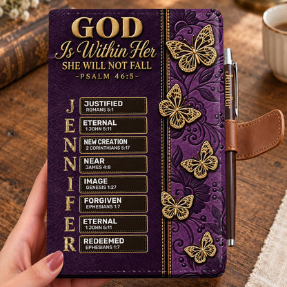 God Is Within Her She Will Not Fall Butterfly, Gift For Women | Personalized Leather Notebook & Pen Set