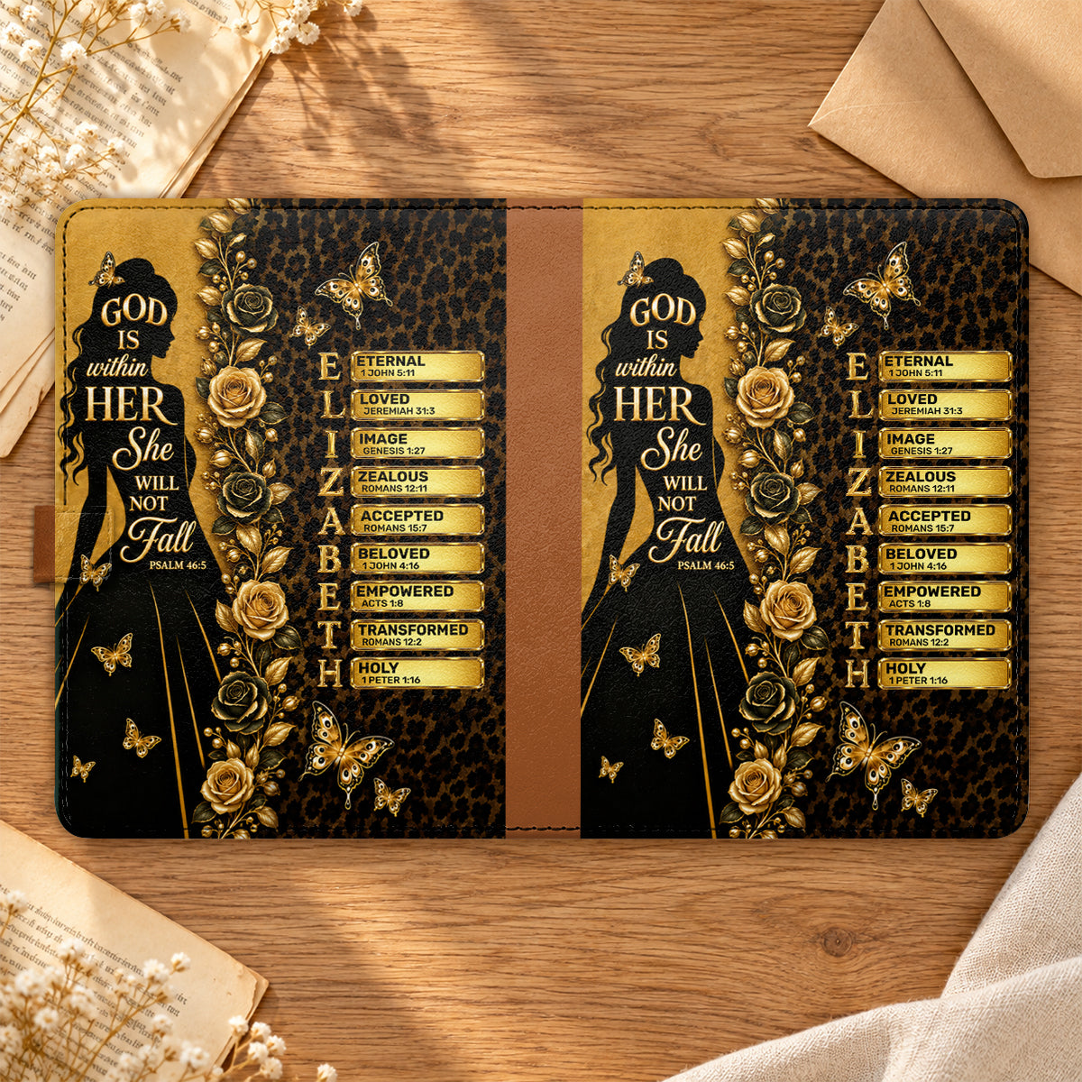 God Is Within Her She Will Not Fall, Gift For Women | Personalized Leather Notebook & Pen Set