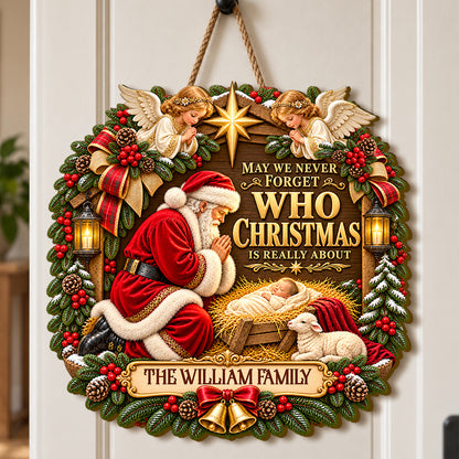 Santa Kneeling Before Baby Jesus, Gift For Family | Personalized Wooden Door Sign