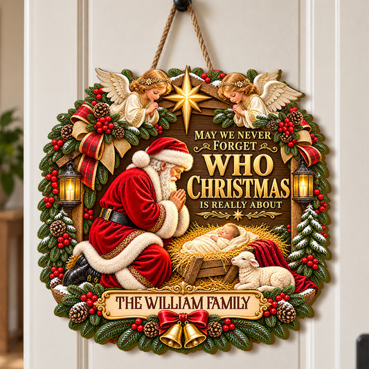 Santa Kneeling Before Baby Jesus, Gift For Family | Personalized Wooden Door Sign
