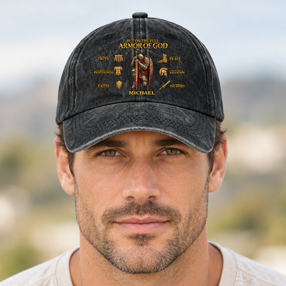 Put On The Full Armor Of God, Gift For Men | Personalized Vintage Washed Denim Cap