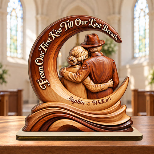 Till Our Last Breath Crescent Love Sculpture, Wedding Anniversary Gifts For Couples, Wife | Personalized 2-Layer Wood Plaque With Flat Base