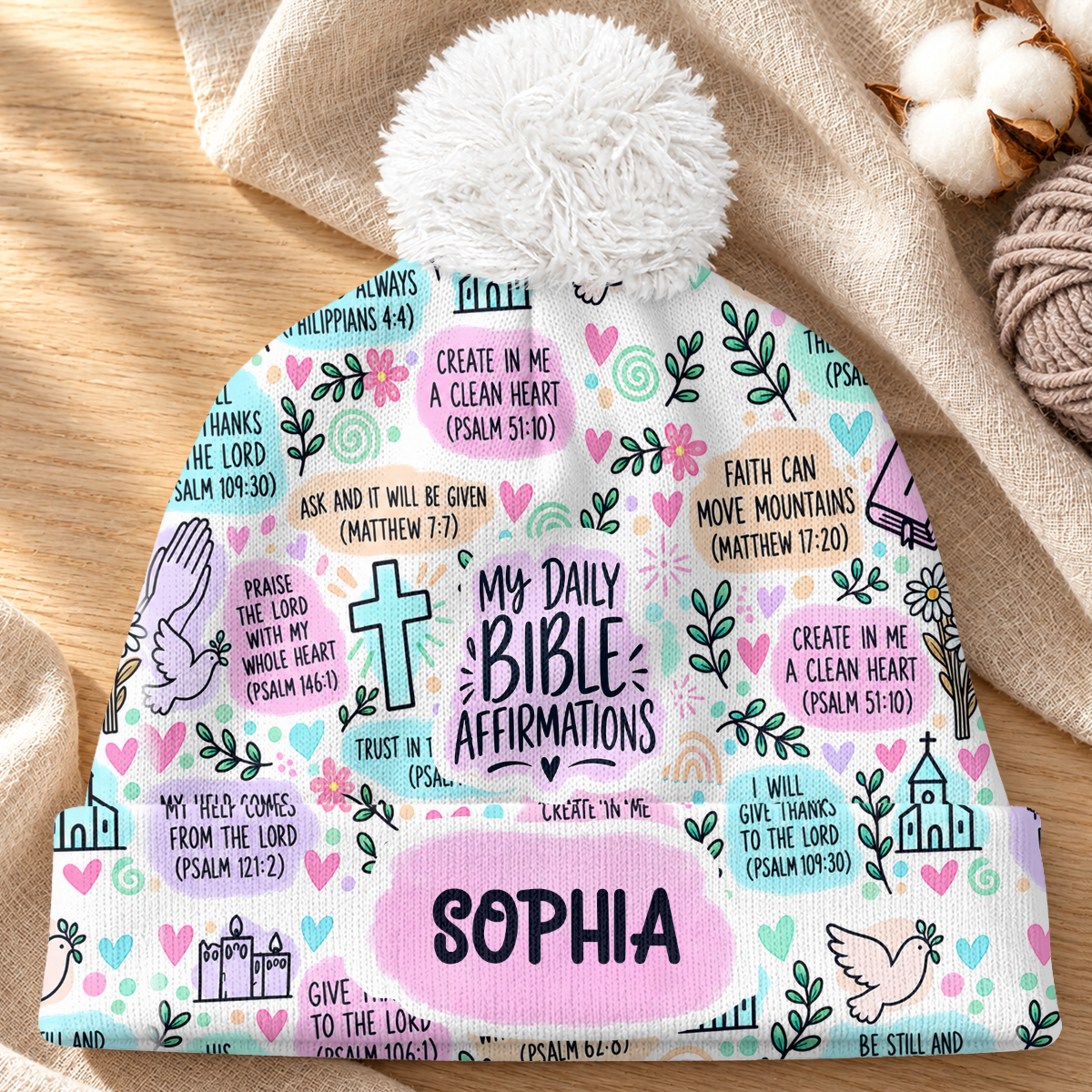My Daily Bible Affirmations, Christian Gifts For Mom, Grandma, Daughter, Sister | Personalized Bobble Beanie Hat