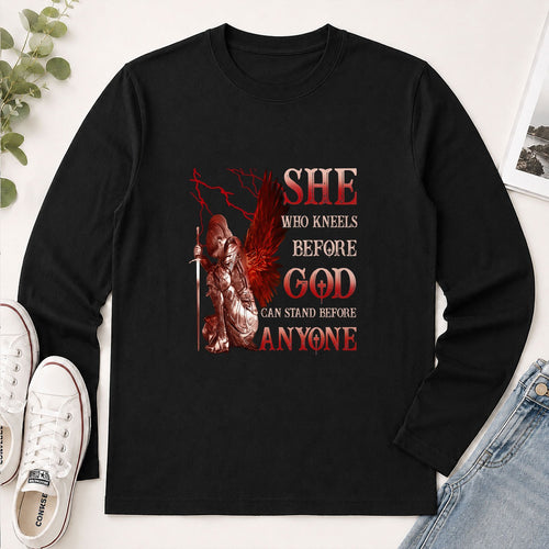 She Who Kneels Before God Can Stand Before Anyone, Christian Gift - 2D Unisex Long Sleeve