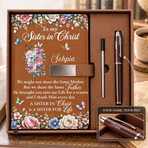 To My Sister In Christ, Gift For Sister | Personalized Leather Notebook & Pen Set