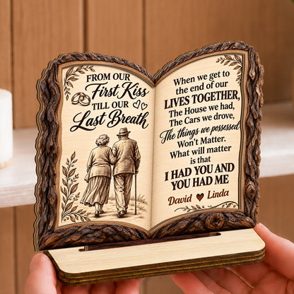 From Our First Kiss To Our Last Breath Love Journey Book, Anniversary Gifts For Couples | Personalized 2-Layer Wood Plaque With Flat Base