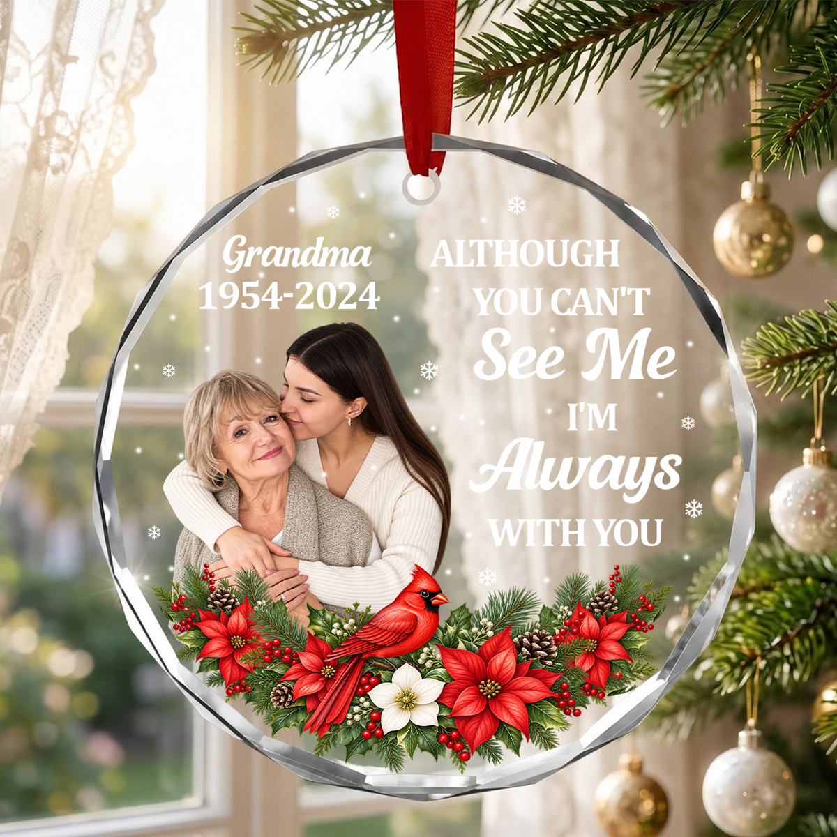 Although You Can't See Me, I'm Always With You, Gift For Mom Or Grandma - Personalized Heart Shaped Glass Ornament