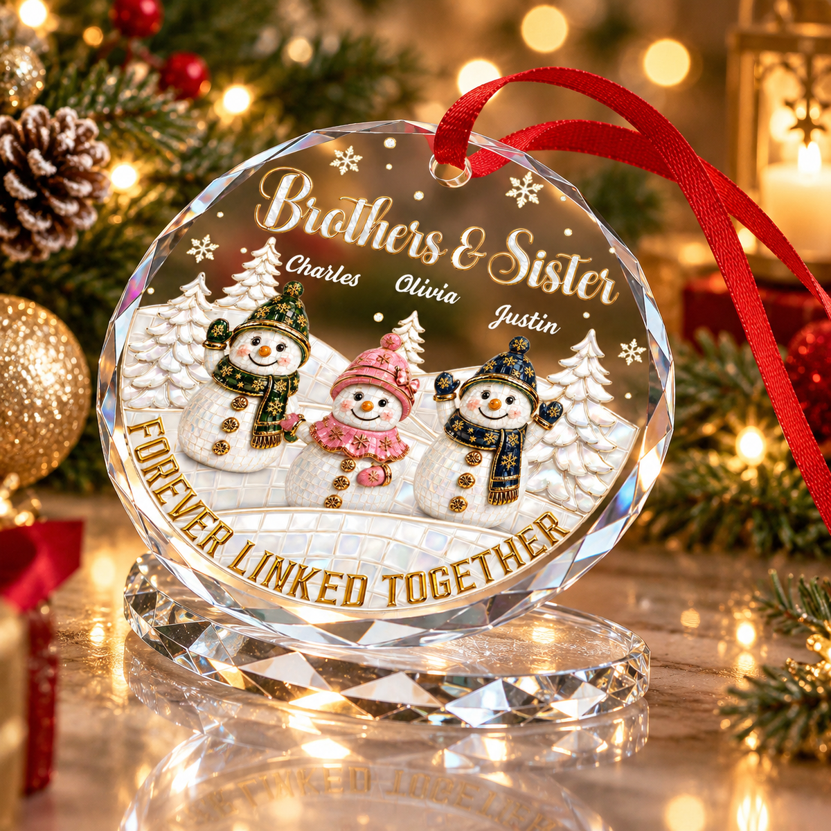 Forever Our Bond, Christmas Gifts For Siblings - Personalized Round Shaped Glass Ornament