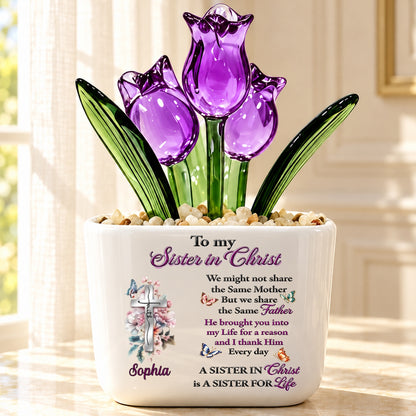 To My Sister In Christ, Christian Gifts For Sister In Christ | Personalized Glass Everlasting Tulips