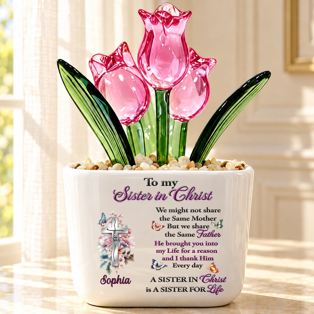 To My Sister In Christ, Christian Gifts For Sister In Christ | Personalized Glass Everlasting Tulips