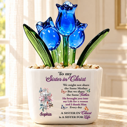 To My Sister In Christ, Christian Gifts For Sister In Christ | Personalized Glass Everlasting Tulips