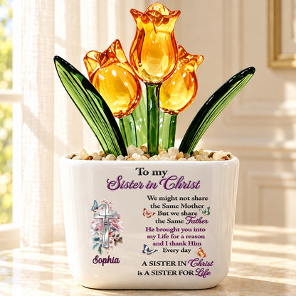 To My Sister In Christ, Christian Gifts For Sister In Christ | Personalized Glass Everlasting Tulips