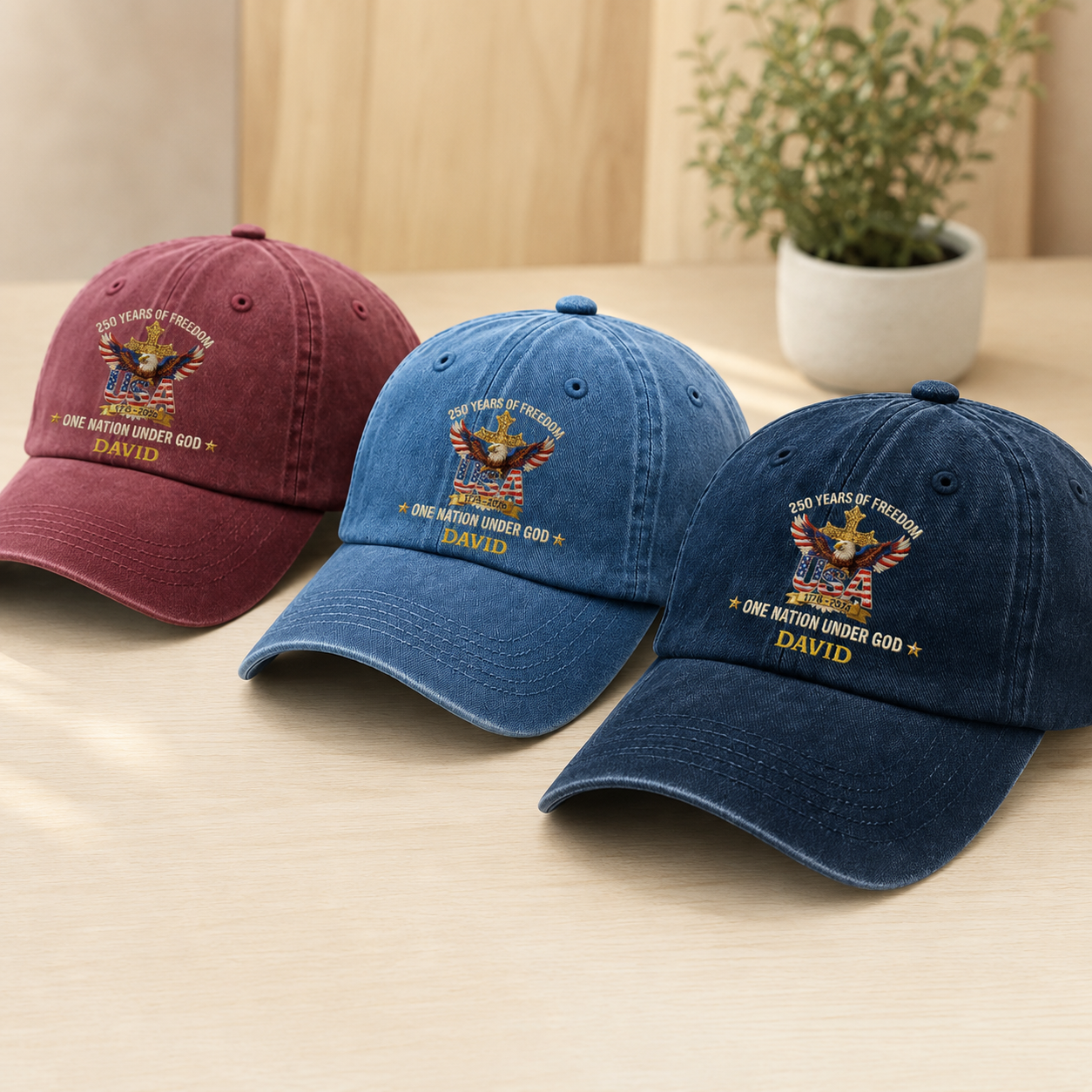 Faux Puff Embroidery Effect 250 Years Of Freedom One Nation Under God, Gift of Liberty | Personalized Vintage Washed Denim Cap