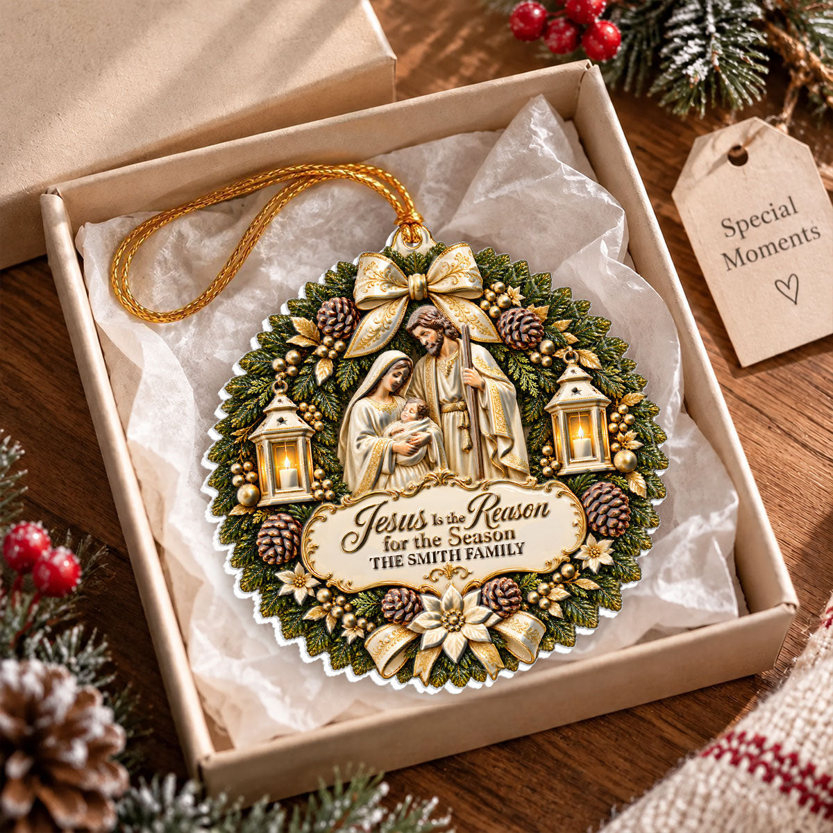 Jesus Is The Reason For The Season, Christian Christmas Gifts For Family | Personalized 3D Relief White Acrylic Ornament