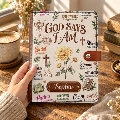 God Says I Am, Gift For Women | Personalized Leather Notebook Cover With Pocket