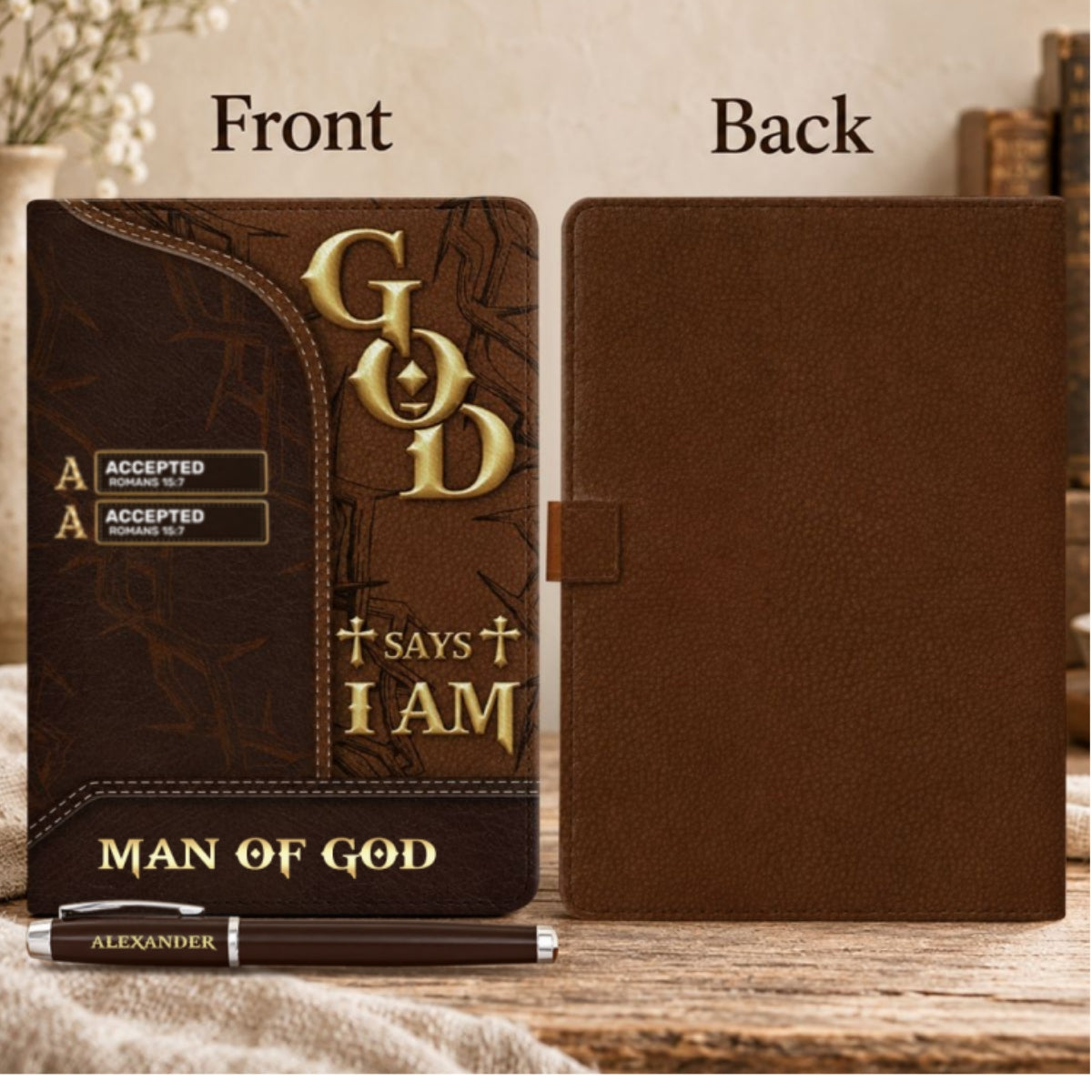 Man Of God, Gift For Husband | Personalized Leather Notebook & Pen Set
