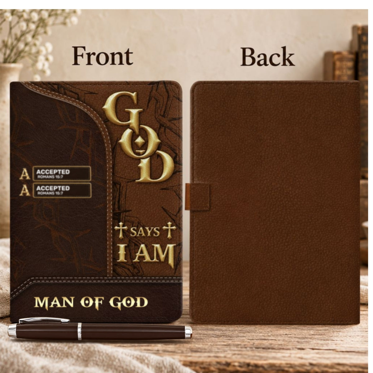 Man Of God, Gift For Husband | Personalized Leather Notebook & Pen Set