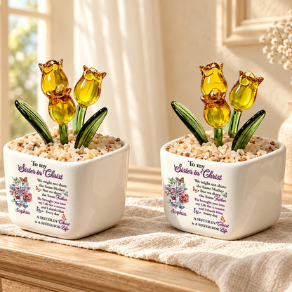 To My Sister In Christ, Christian Gifts For Sister In Christ | Personalized Glass Everlasting Tulips