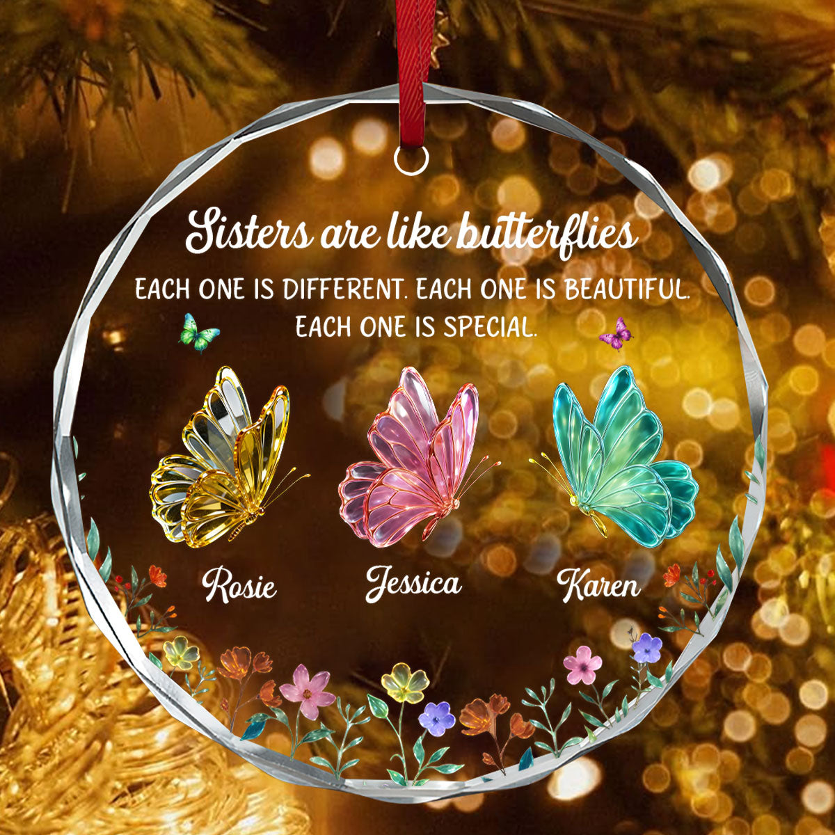 Festive Sister Love, Gift For Sister | Personalized Round Shaped Glass Ornament