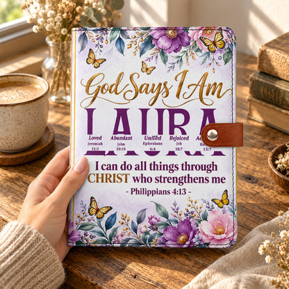 God Says I Am, Personalized Gift For Daughter | Personalized Leather Notebook Cover With Pocket