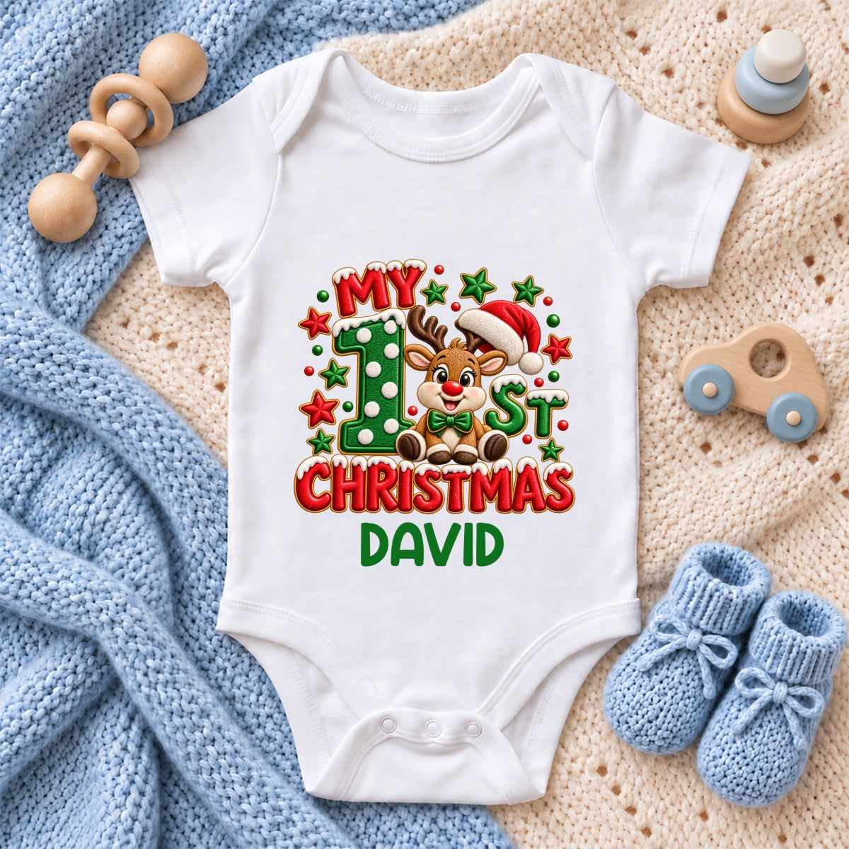 My 1st Christmas Reindeer, Gift For New Parents | Personalized Custom Baby Onesie