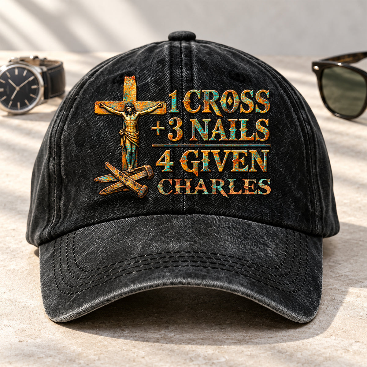 1 Cross 3 Nails 4 Given, Gift For Him | Personalized Vintage Washed Denim Cap