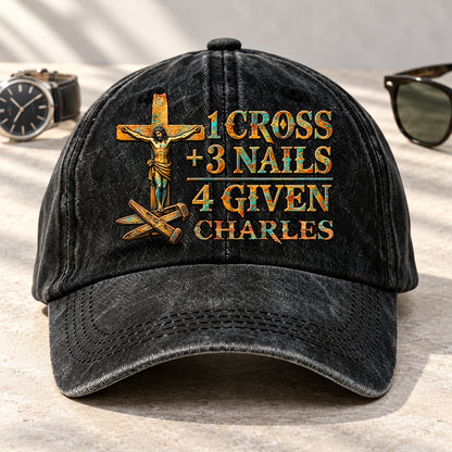 1 Cross 3 Nails 4 Given, Gift For Him | Personalized Vintage Washed Denim Cap