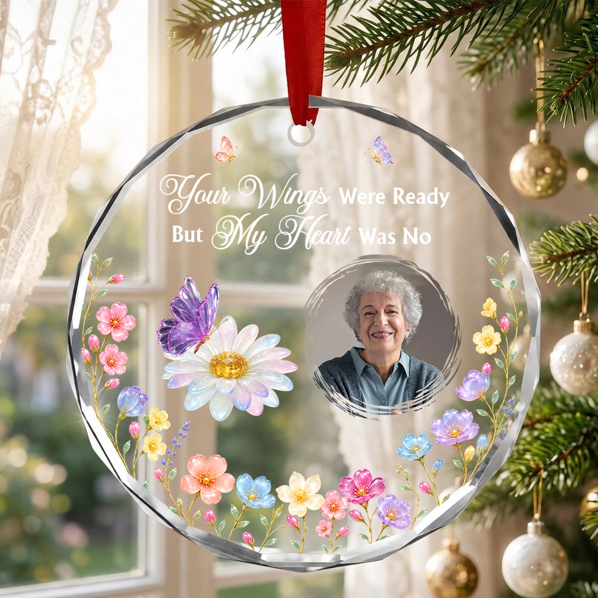 Remembrance Gemstone Butterfly, Gift For Loved One - Personalized Round Shaped Glass Ornament