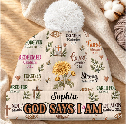 God Says I Am, Christian Gifts | Personalized Bobble Beanie Hat