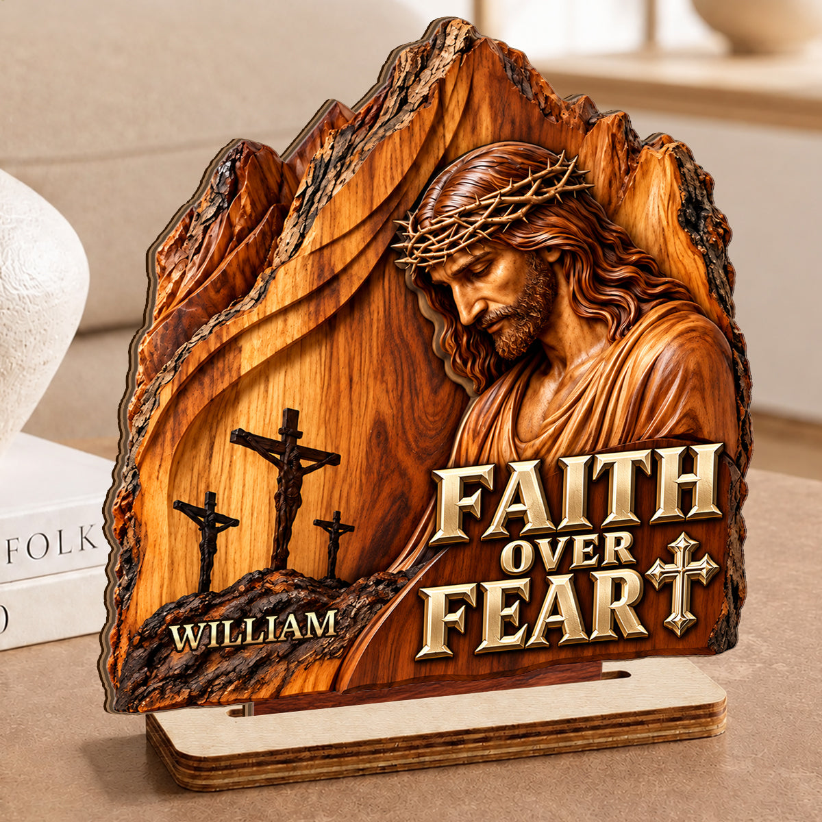 Faith Over Fear, Gift For Men | Personalized 2-Layer Wood Plaque With Flat Base