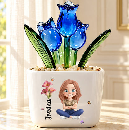 We Grow Beautifully, Birthday Gift For Women, Sister, Bestie | Personalized Glass Everlasting Tulips