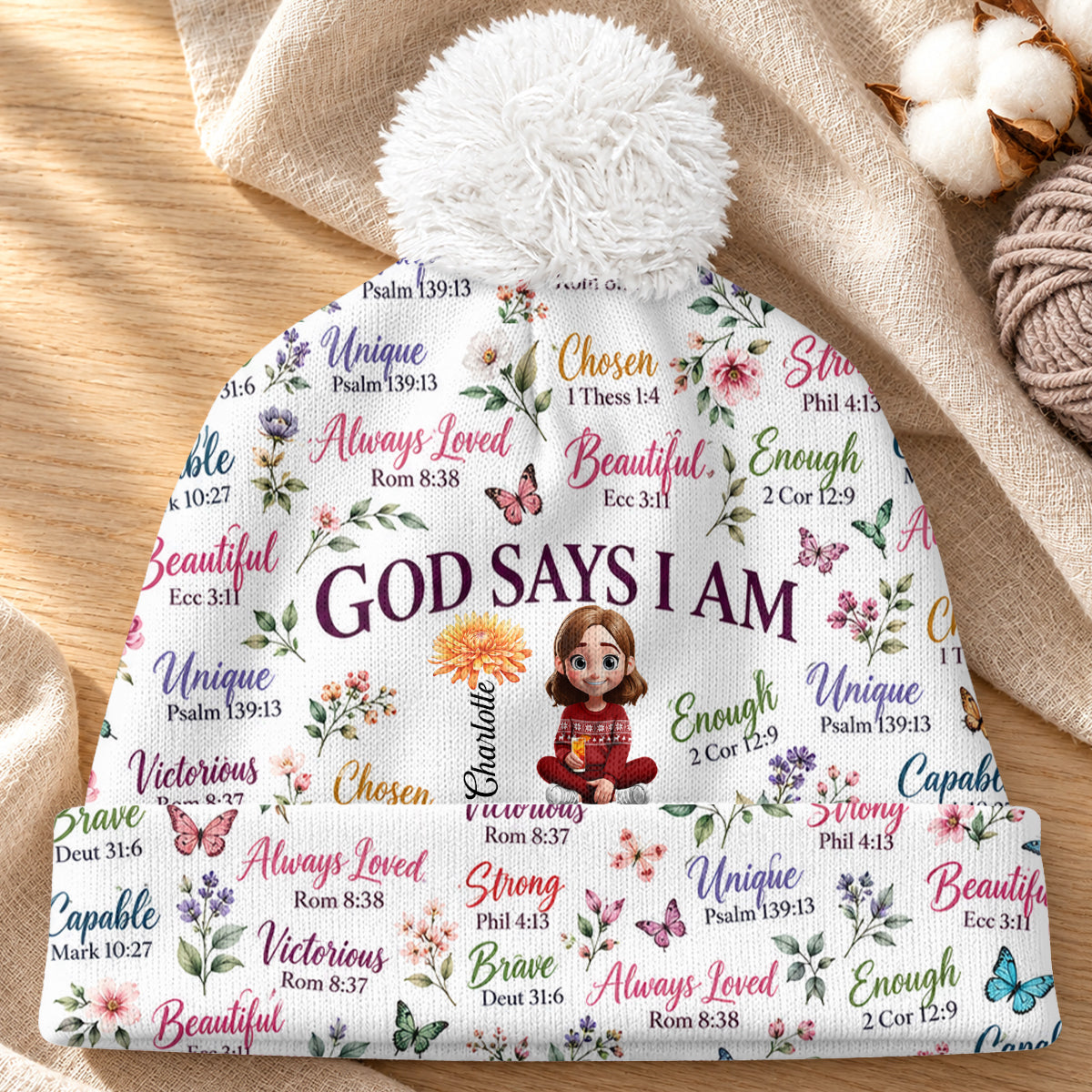 Kid Birth Flower God Says I Am, Gift For Kid, Granddaughter, Grandson | Personalized Bobble Beanie Hat