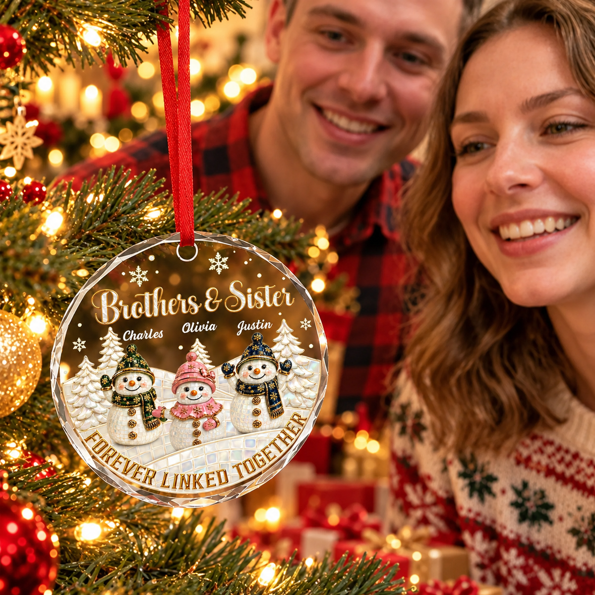 Forever Our Bond, Christmas Gifts For Siblings - Personalized Round Shaped Glass Ornament