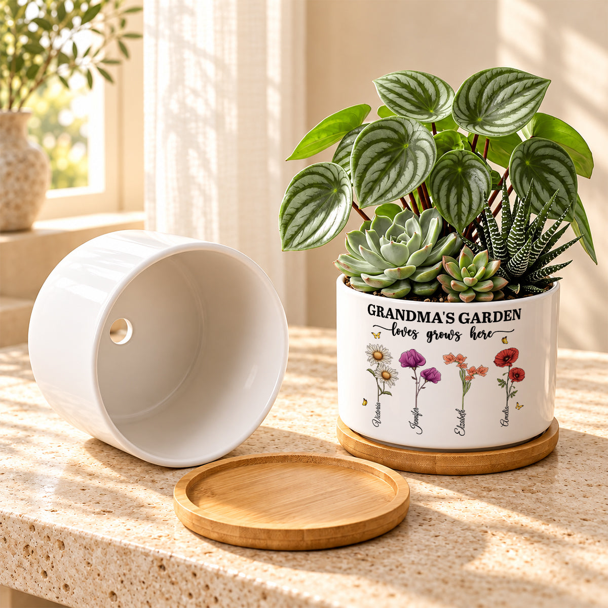 Grandma's Garden Love Grows Here, Gift For Grandma | Personalized Ceramic Plant Pot With Bamboo Tray