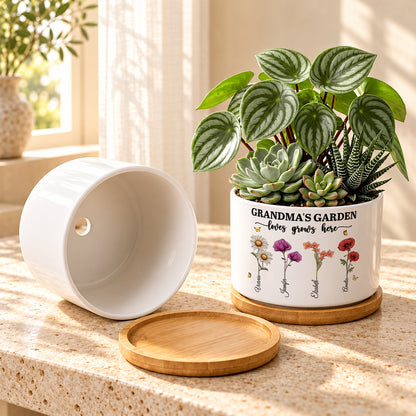 Grandma's Garden Love Grows Here, Gift For Grandma | Personalized Ceramic Plant Pot With Bamboo Tray