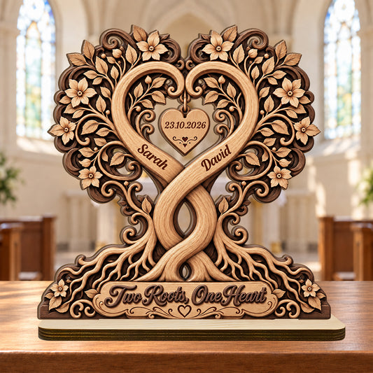 Couple Heart Tree Wooden Block, Anniversary Gifts For Couples | Personalized 2-Layer Wood Plaque With Flat Base