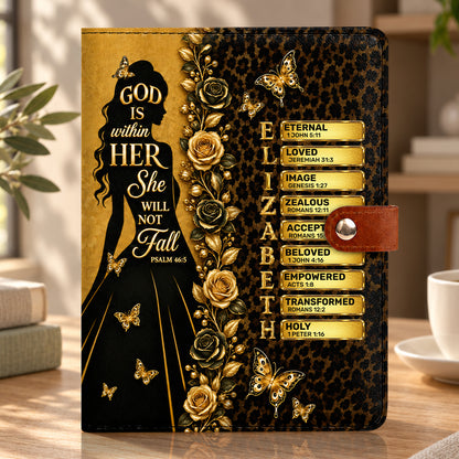 God Is Within Her She Will Not Fall, Gift For Women | Personalized Leather Notebook Cover With Pocket