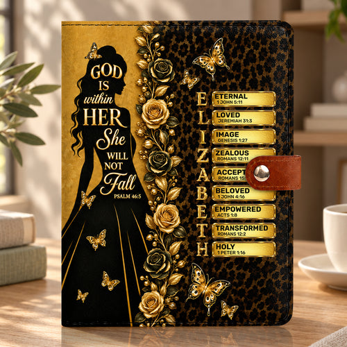 God Is Within Her She Will Not Fall, Gift For Women | Personalized Leather Notebook Cover With Pocket