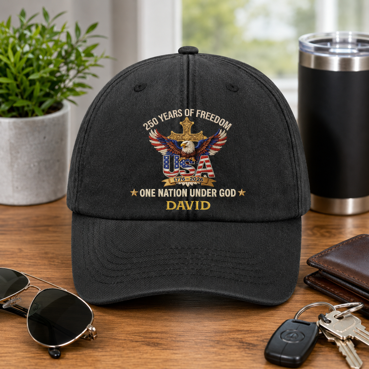 Faux Puff Embroidery Effect 250 Years Of Freedom One Nation Under God | Personalized Vintage Washed Denim Cap