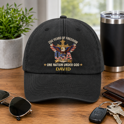 Faux Puff Embroidery Effect 250 Years Of Freedom One Nation Under God | Personalized Vintage Washed Denim Cap