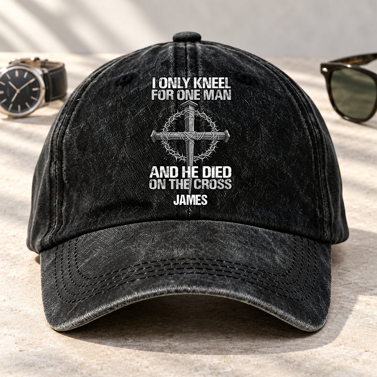 The Man I Kneel For, Gift For Man - Personalized Custom Vintage Washed Denim Cap