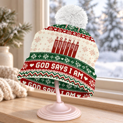 God Says I Am Christmas, Christian Christmas For Mom, Daughter, Wife, Sister | Personalized Bobble Beanie Hat