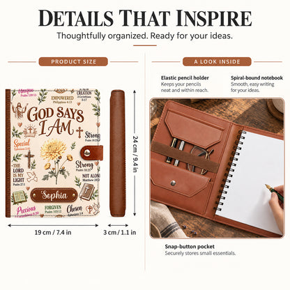 God Says I Am, Gift For Women | Personalized Leather Notebook Cover With Pocket