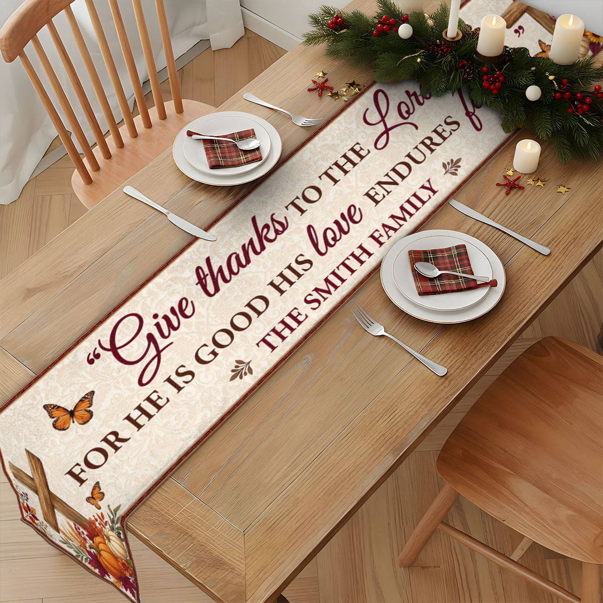 Give Thanks To The Lord, Gift For Christian Home | Personalized Table Runner