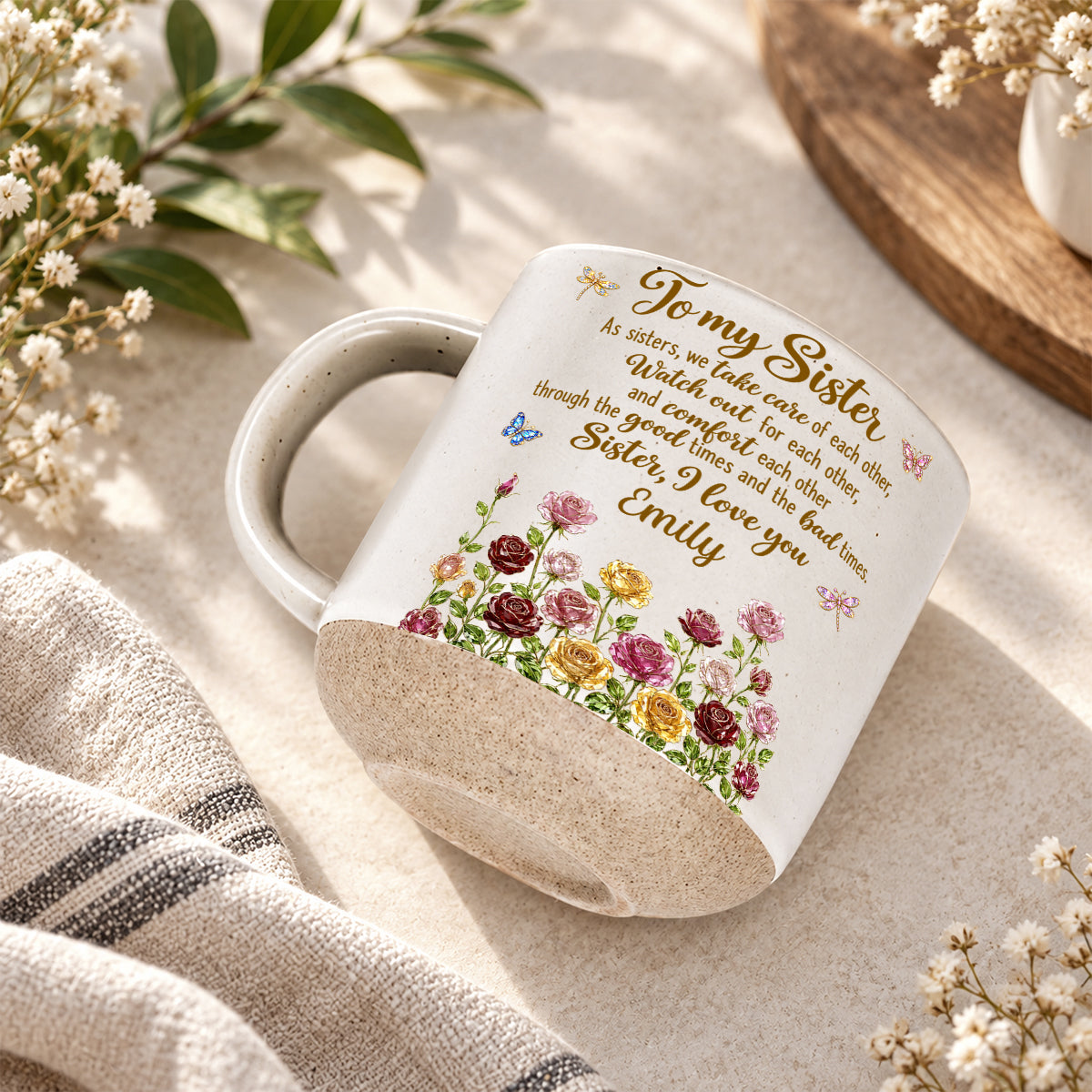 Blooming Bond, Custom Christmas & Birthday Gift For Sister - Personalized Pottery Mug