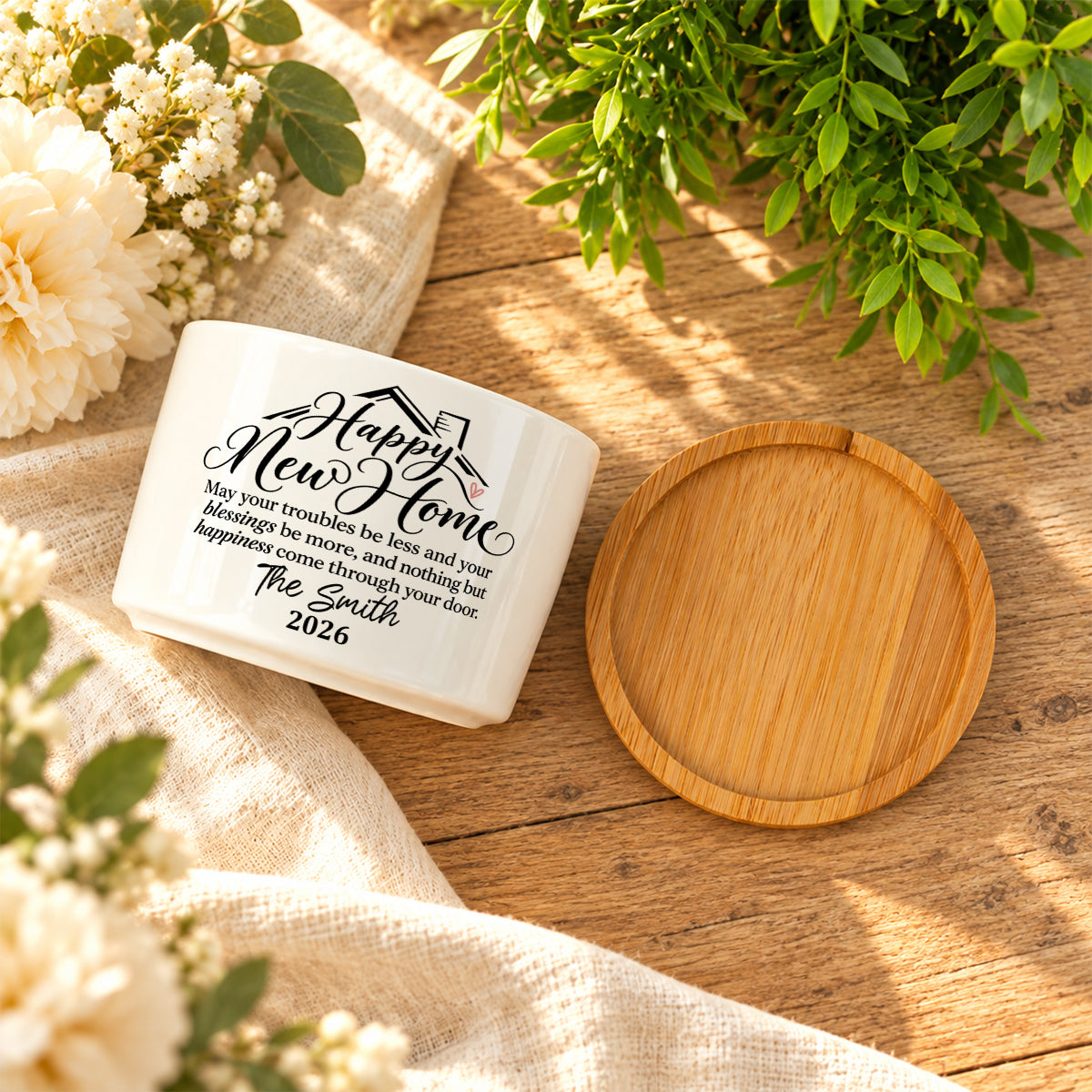 Personalized Ceramic Plant Pot With Bamboo Tray