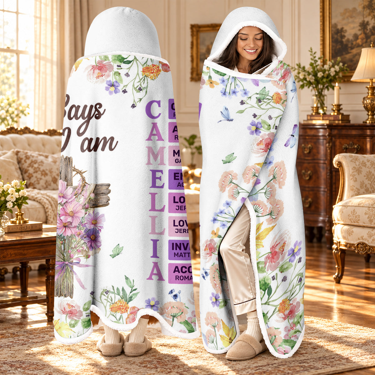 Name Letter In Bible, Birth Flower, Gift For Loved One | Personalized Wearable Blanket Hoodie