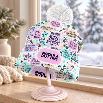 My Daily Bible Affirmations, Christian Gifts For Mom, Grandma, Daughter, Sister | Personalized Bobble Beanie Hat