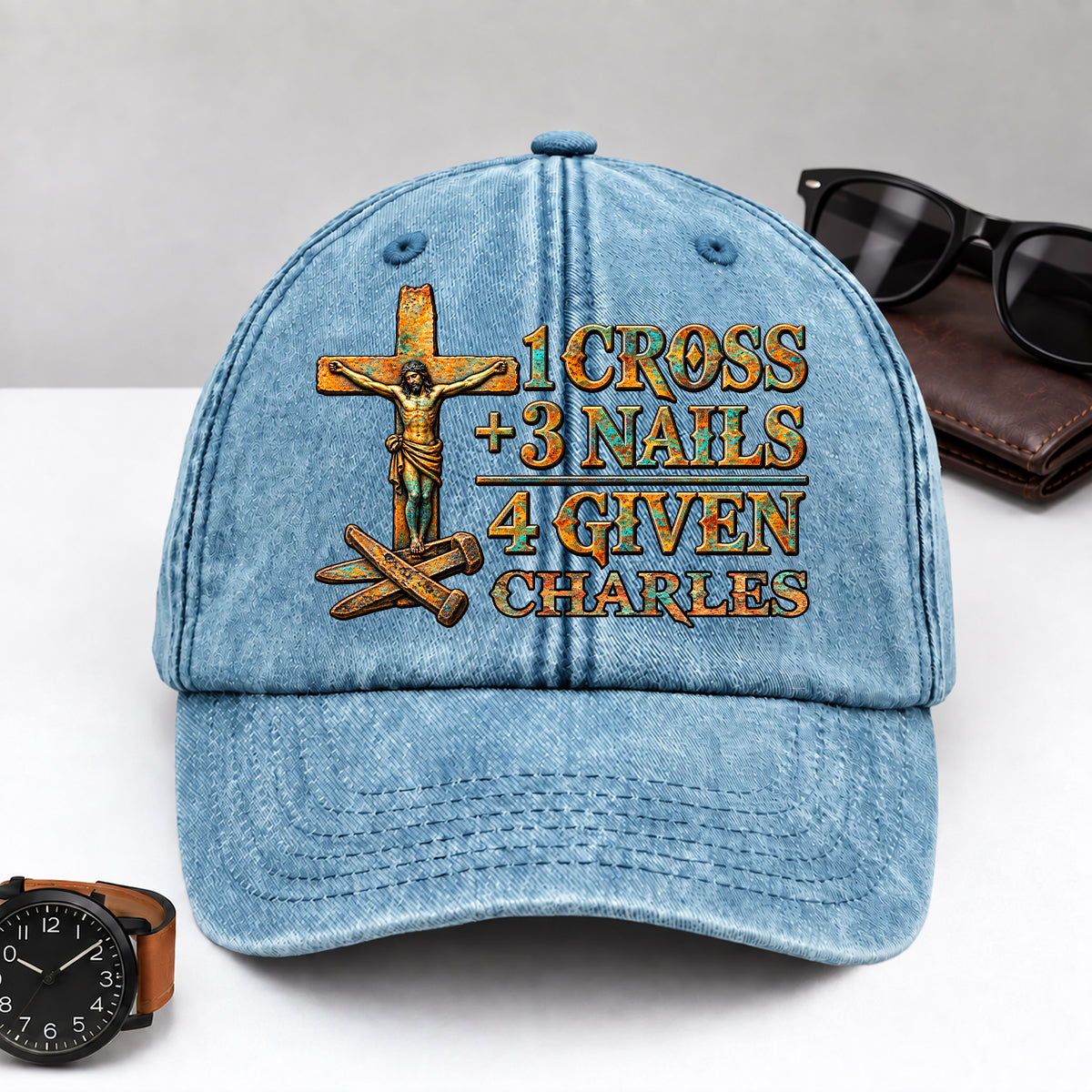 1 Cross 3 Nails 4 Given, Gift For Him | Personalized Vintage Washed Denim Cap